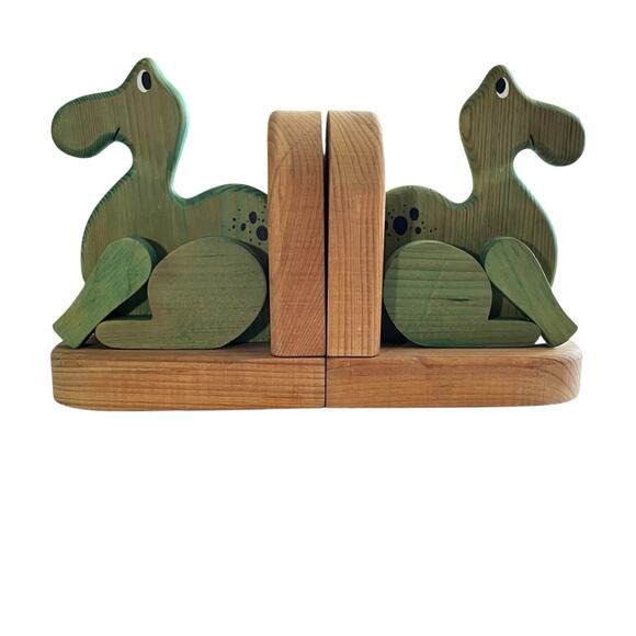 Vintage Handmade Wooden Bookends Green Dinosaurs Nursery Kids Rm 7.25"x7.25"x4" - Picture 1 of 8
